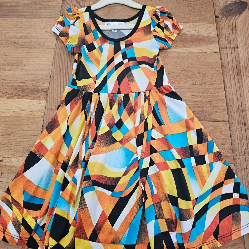 Dot Dot Smile 2‎ Kids Cap Sleeve Dress Geo Orange Yellow Black Swing Flowy Twirl